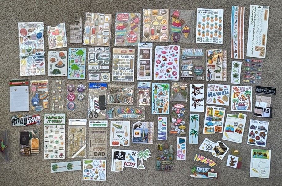 Lot of 55+ Pop Up Stickers, Rubbing, Flat Scrapbooking Travel, Food, Pirates