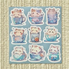 18 Cat in Cup Stickers, 1.75” Kawaii Kitten Waterproof Decals, Cats are Liquid