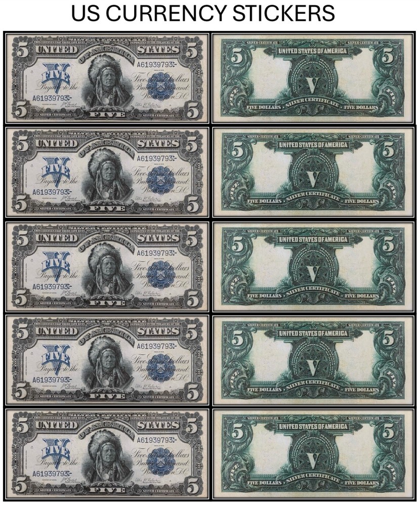 $5 Five Dollar 1899 Silver Certificate (US CURRENCY STICKERS) Lot Of 5