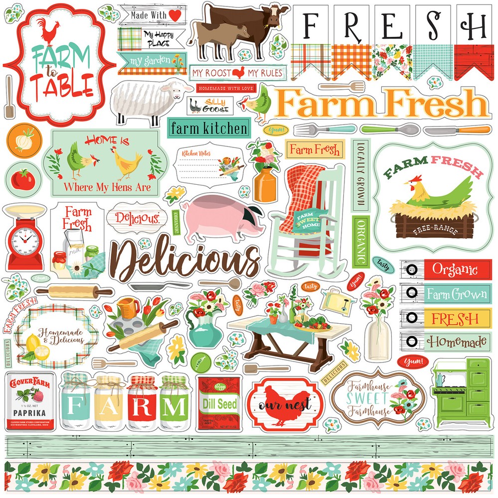 (1) 12×12 Sheet of Carta Bella Paper FARM TO TABLE Scrapbook Element Stickers