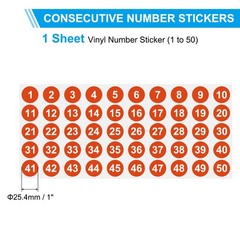 1 to 50 Number Stickers 1 Inch, Consecutive Vinyl Round Labels Dot Decals, Red