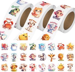 3 Rolls Animal Stickers for Kids, 1500 Pcs Kids Stickers Bulk for Toddlers