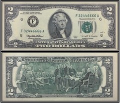 $2 Two Dollar 1995 Federal Reserve Note (US CURRENCY STICKERS)