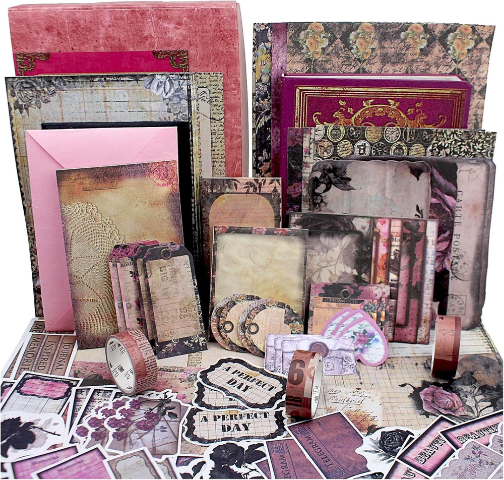 Vintage Scrapbooking Supplies Kit, 185pcs Junk Journal Kit with Scrapbook Paper