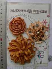 Mixed GOLD Fabric Organza & Lace 3 Flower Pk 50; 65 & 80mm across Manor House
