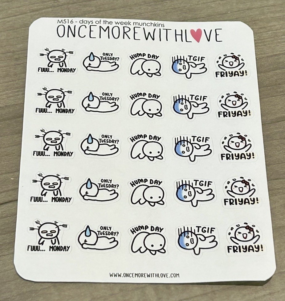 Once More With Love ❤️ Days Of The Week Munchkins Sticker Sheet OMWL Stickers