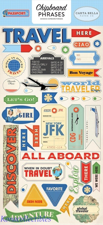 Echo Park Carta Bella Passport Chipboard Phrases 6″X12″ Tags, Map, Travel
