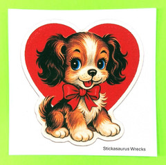 Cute Black Brown & White Puppy Dog On A Heart Large Sticker Vintage Kitsch Style