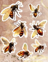 Glossy Metallic Bee Stickers – Cyber Bees – 8 Piece Set – Ranging 2-4inch