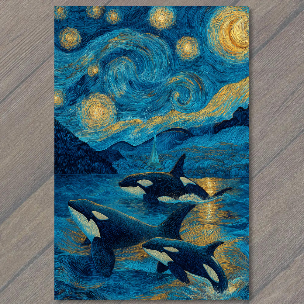 STICKER Orca Pod Swimming Starry Sky Night Sea Blue Gold Mountains Swirls Moon