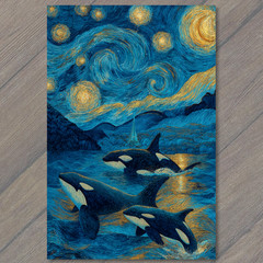 STICKER Orca Pod Swimming Starry Sky Night Sea Blue Gold Mountains Swirls Moon