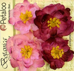 RUFFLED PEONY – FUCHSIA – 45 to 50mm x 4 Flowers with Centre FABRIC Petaloo A