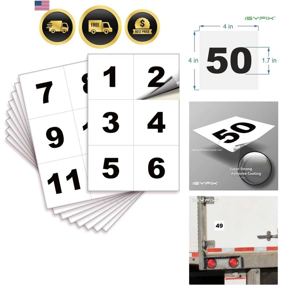 White Consecutive Number Stickers – 1 to 50, 4-inch, 1 set – Vinyl Self Adhes…