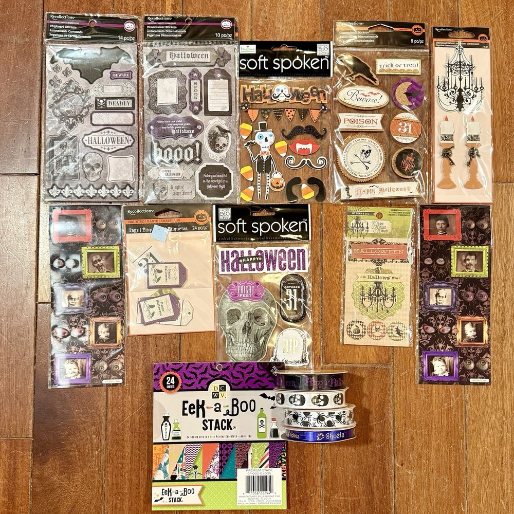 NEW! 15pc Lot HALLOWEEN Scrapbooking Supplies Paper Stickers Ribbon Scrapbook