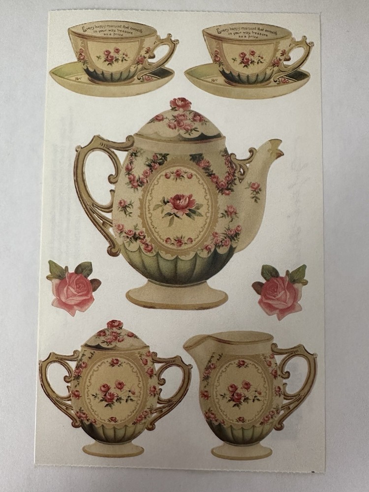 Vintage John Grossman Gifted Line Victorian Rose Tea Set 7 Die Cut Stickers NOS