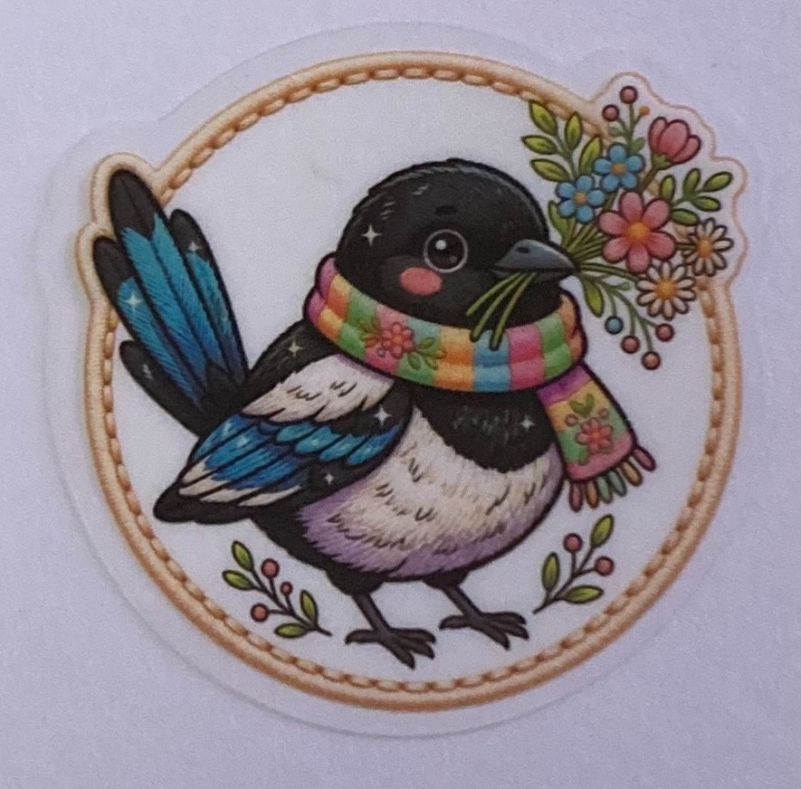 Cute Black & White Bird Sticker 2” Clear Embroidered Look~ Junk Journal Supplies
