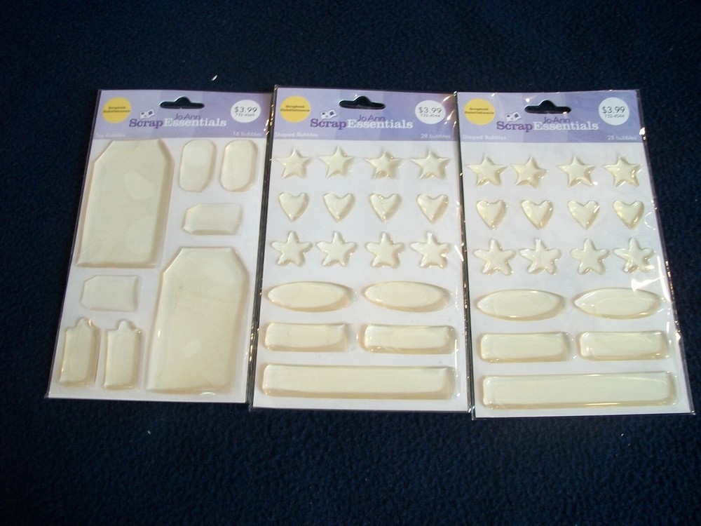 Lot of 3 pkgs Scrapbooking Craft JoAnn Scrap Essentials CLEAR SHAPED BUBBLES TAG