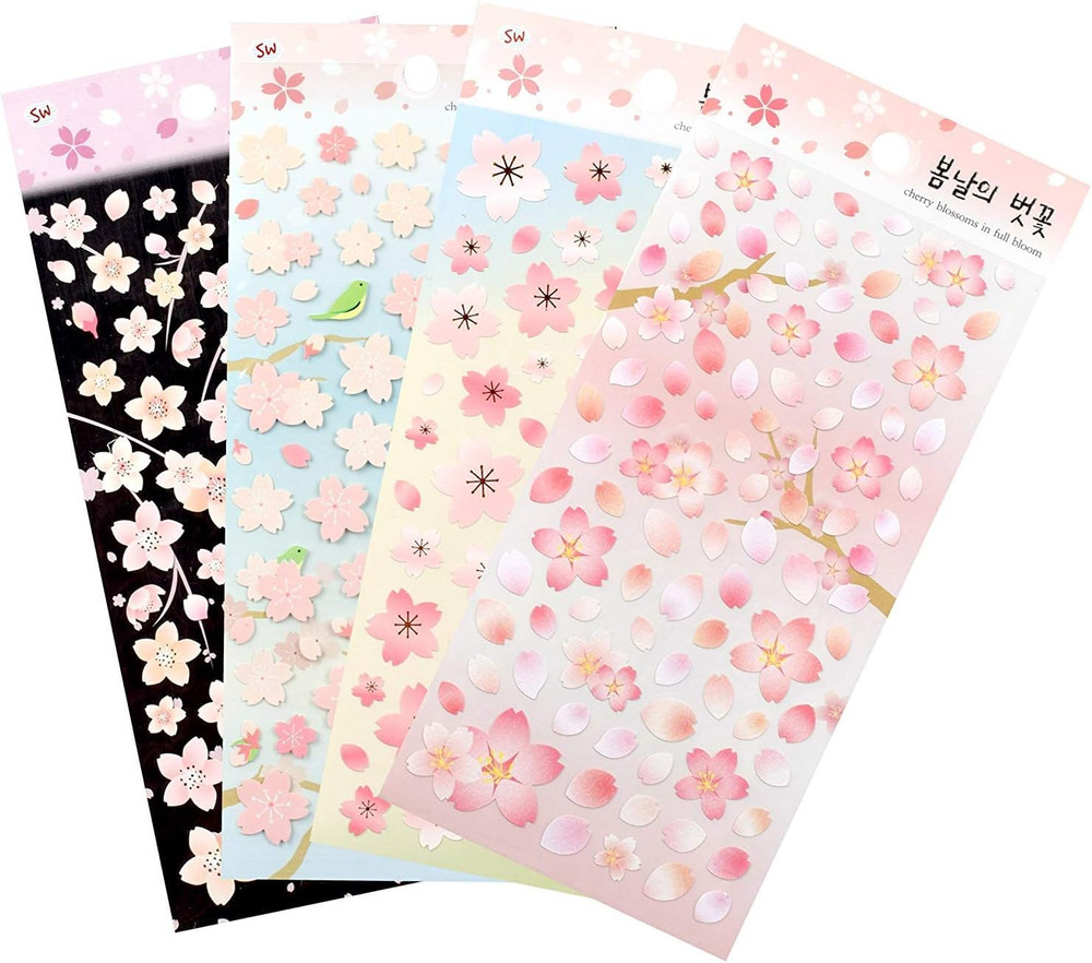 Cherry Blossoms in Full Bloom/Sakura Sticker Sheets (4 Pack) for Diary Decoratio