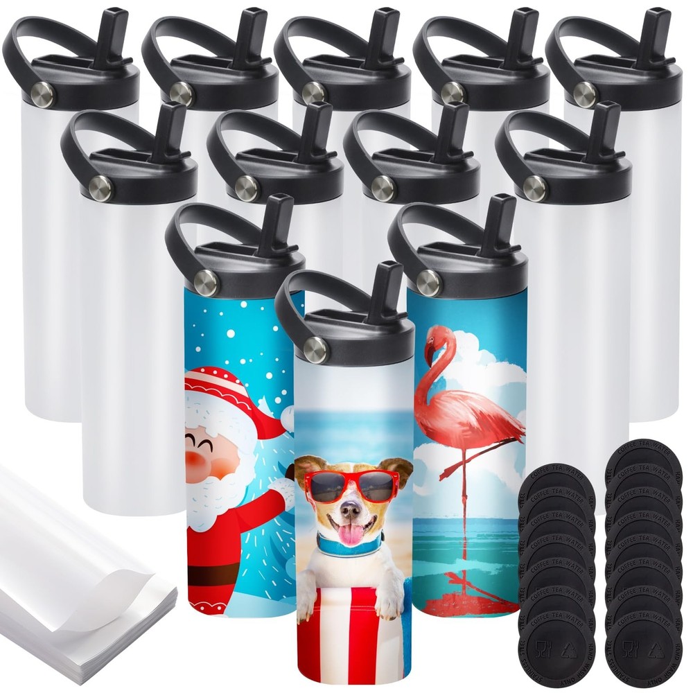 12 Pack Sublimation Tumblers Flat Edge Blanks Skinny Straight 20 oz, Stainles…