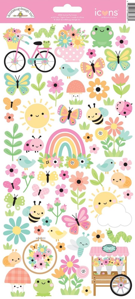 Doodlebug Icon Stickers Butterfly Kisses Spring Flowers Cart Bugs Bicycle Frogs