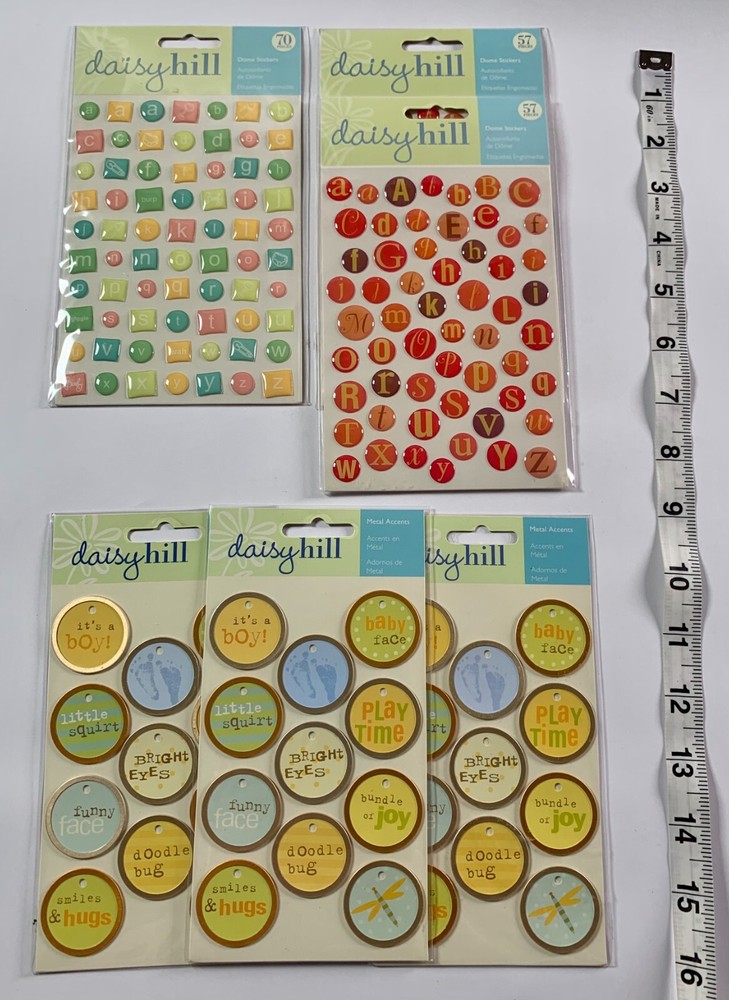Lot of 6 Daisy Hill Dome Stickers & Metal Accents New Baby Boy Young Girl Alpha