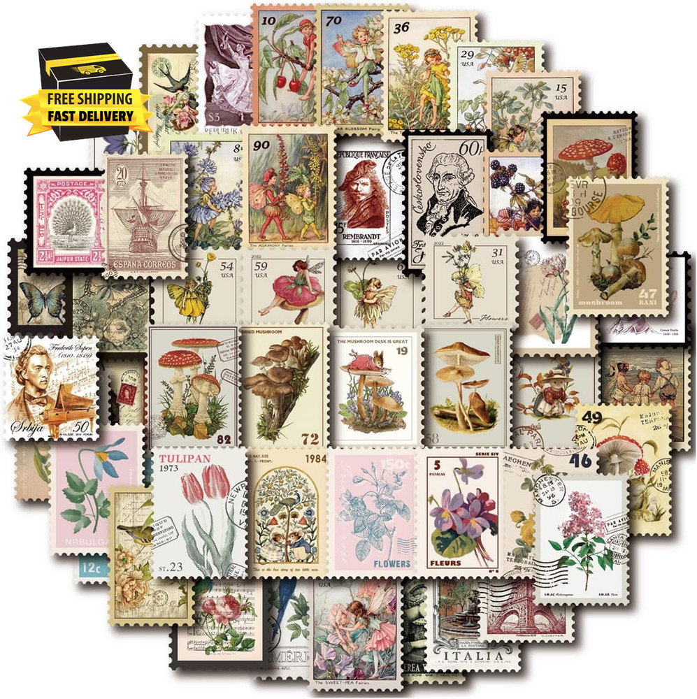 Vintage Postage Stamp Stickers for Scrapbook, 100 Pcs Deco Paper Stickers for Bu