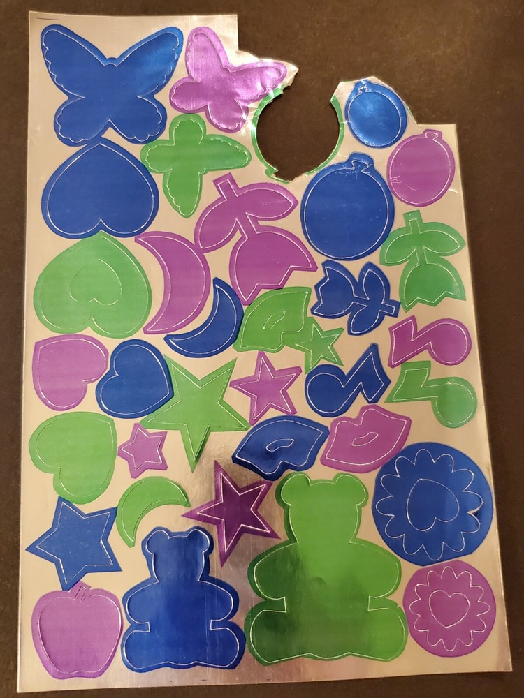 Vintage Foil Sticker Sheets ~ Purple Green Blue Teddy Bear Footprints Music Star