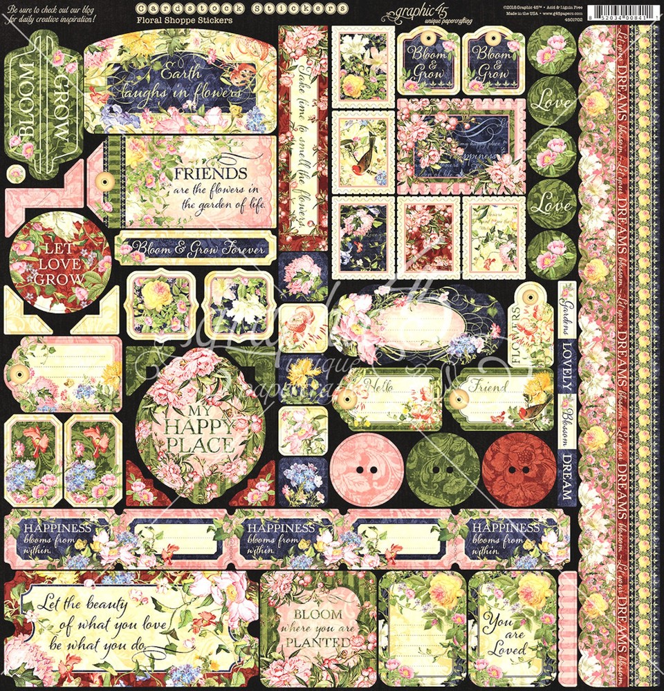 Graphic45 FLORAL SHOPPE 12×12 Cardstock Sticker Sheet scrapbooking *RETIRED*