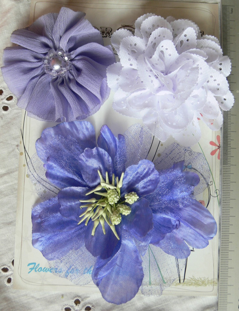 Mixed LAVENDER& WHITE Fabric Organza Lace 3 Flower Pk 7-11cm across Manor House