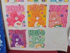 Vtg. Care Bear Stickers Satin-1987 AGC, Glitter-TCFC, Inc., Blue Sheet-2003