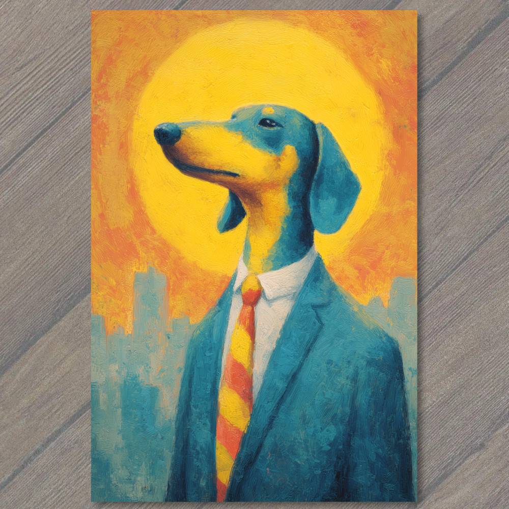 STICKER Dog Suit Red Yellow Tie Blue Coat Bright Sun Backdrop Tall City