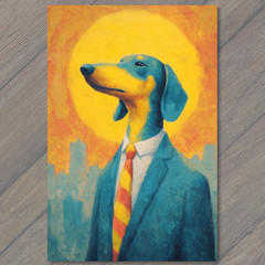STICKER Dog Suit Red Yellow Tie Blue Coat Bright Sun Backdrop Tall City