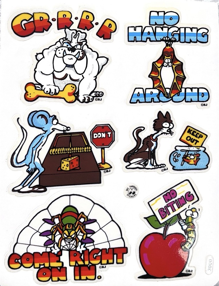 Vintage BJs BJ’s Sticker Sheet Spider Bulldog? Bat Mouse Worm Cat Fish