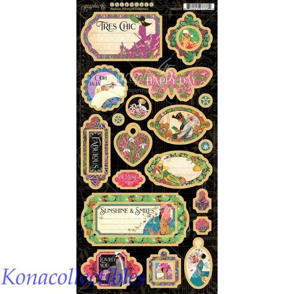 Graphic 45 FASHION FORWARD Chipboard scrapbooking ART DECO FLORALS-23 pcs