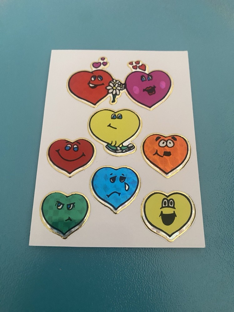 Vintage Prism HTF Colorful Hearts With Faces Sticker Sheet 4×3 Inches Vending