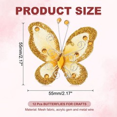 12Pcs Butterflies for Crafts, 2.2″ Organza Butterflies, Golden