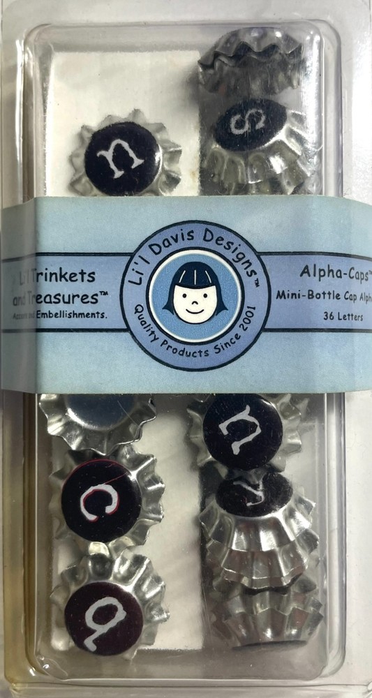 LI’L DAVIS DESIGNS MINI BOTTLE CAPS ALPHABET LETTERS BLACK 36 pcs ABC ALPHAS