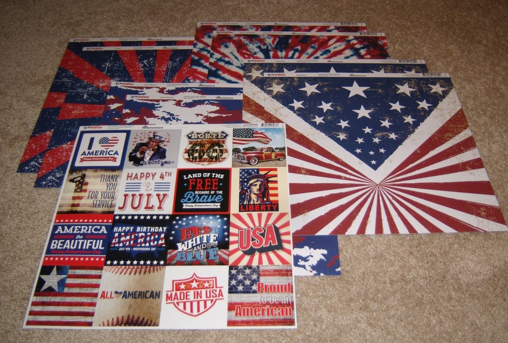 Reminisce Design 12×12 Dbl. Sided Paper Lot(8) w/Sticker Sht.~ USA..All American