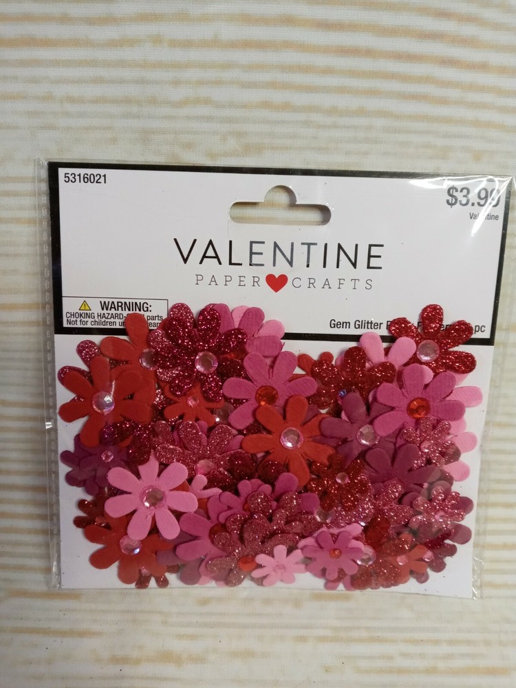 New! 90 Paper Flower 3D Embellishments Gem Glitter Spring Pink Red Valentine