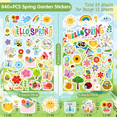 24 Sheets Spring Stickers for Kids, 840 PCS Spring Decorative Stickers Crafts Pa