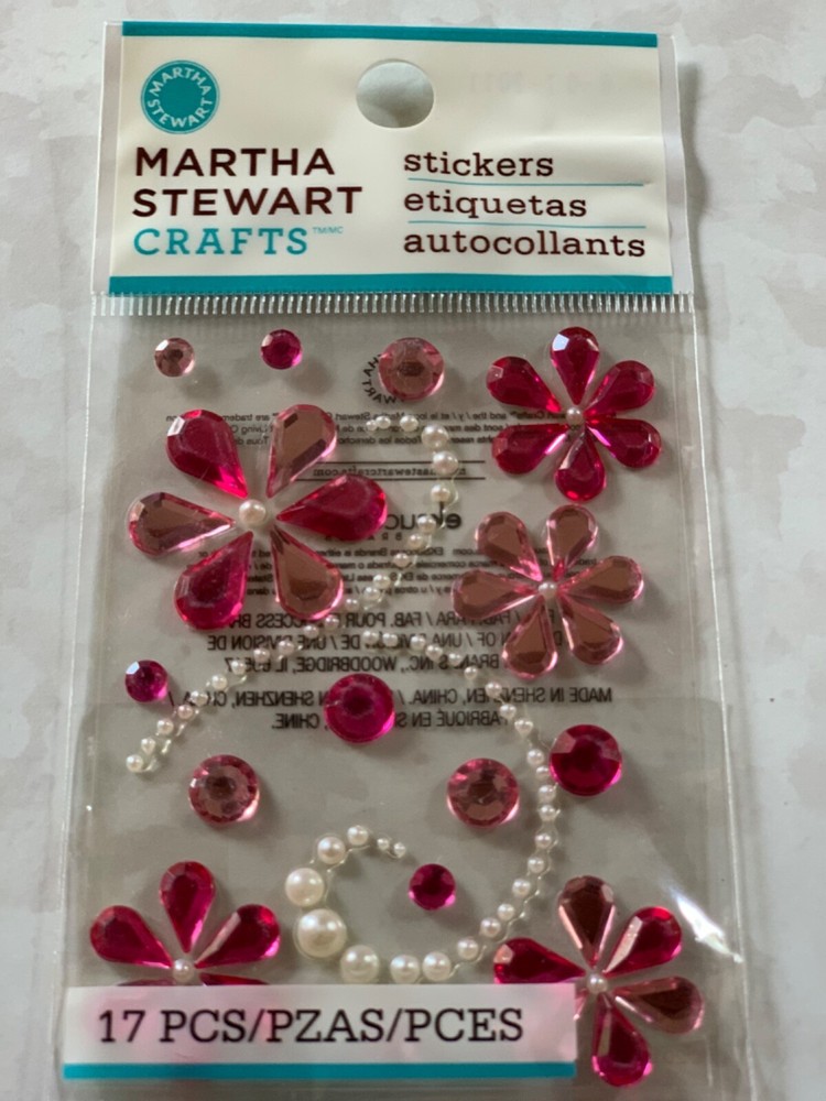 MARTHA STEWART CRAFTS ADHESIVES LIGHT & DARK PINK FLOWERS & PEARL SWIRLS 17PCS