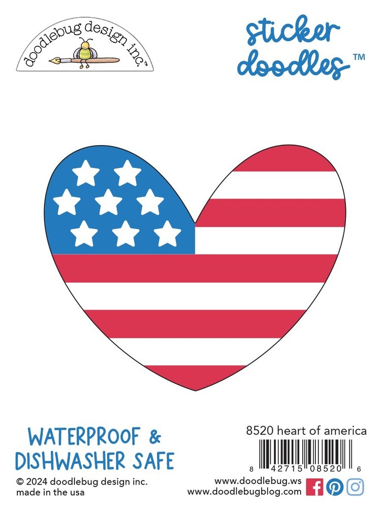 Doodlebug Durable Doodle Sticker Waterproof Heart of America RWB Stars Stripes