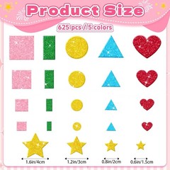 625Pcs Glitter Foam Stickers Foam Heart Star Circles Shape Sticker Self Adhesive