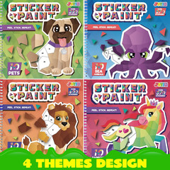 4 Pack Sticker Paint Books for Kids Travel Crafts Safari Unicorn Sea Animals Set