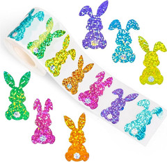 500Pcs Easter Bunny Stickers Roll – 1.5Inch Laser Shape Self-Adhesive Decals
