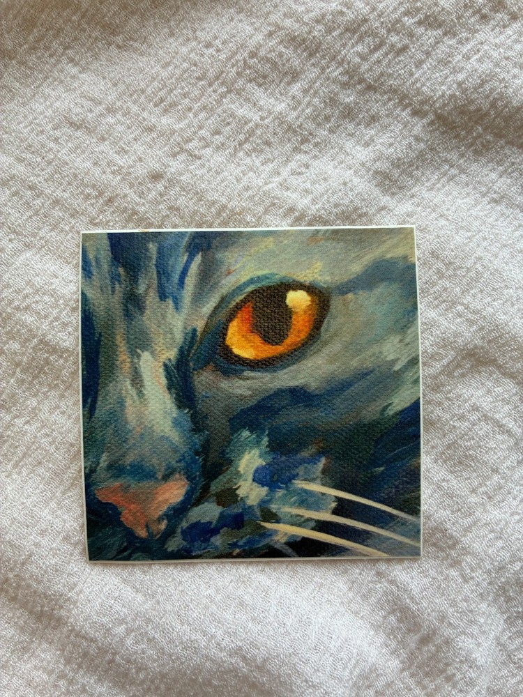 Cat Sticker, ‘Gaze’ Blue Cat Acrylic Painting Art Sticker, 2.5 x 2.5 in