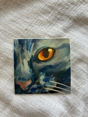 Cat Sticker, ‘Gaze’ Blue Cat Acrylic Painting Art Sticker, 2.5 x 2.5 in