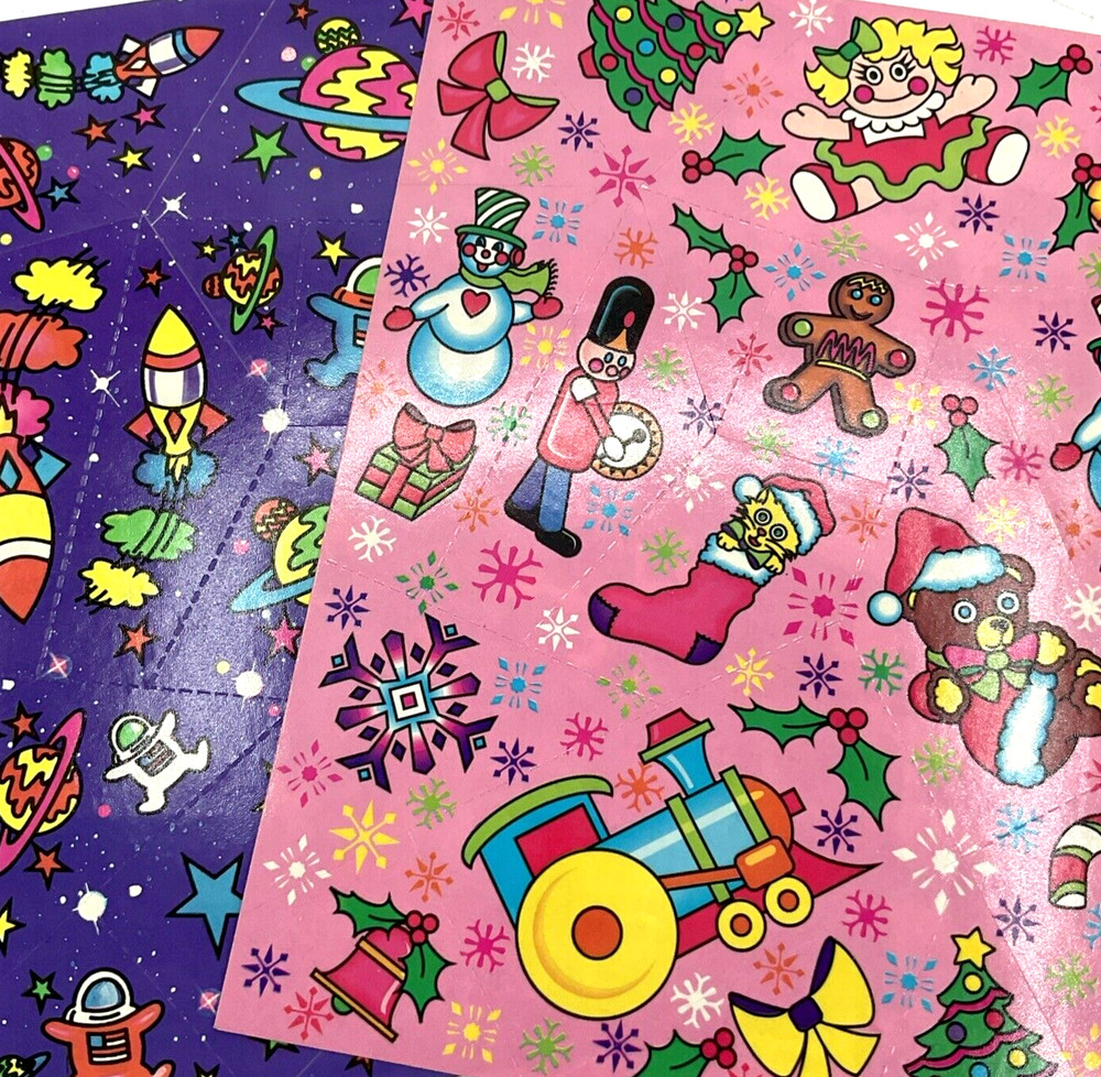 2 Sheets Lisa Frank Stickers 1989 Space Rockets Christmas Snowman Train Toys