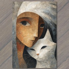 STICKER Cubist Woman White Cat Portrait Abstract Modern Surreal Companion