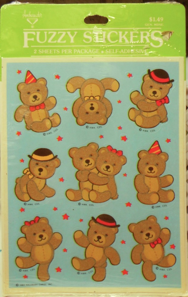 NOS 1979 Ambassador Hallmark FUZZY Stickers Sweet Bears – 2 Sheets Pack SEALED